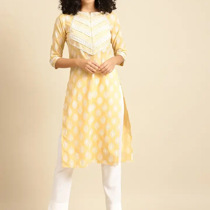 anayna Women Yellow & White Ethnic Motifs Screen Print Cotton Pastel Kurta, Yellow