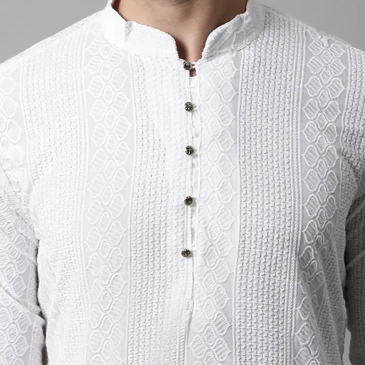 Jompers Men White Cotton Embroidered Chikankari Republic Day Republic Day Kurta, White
