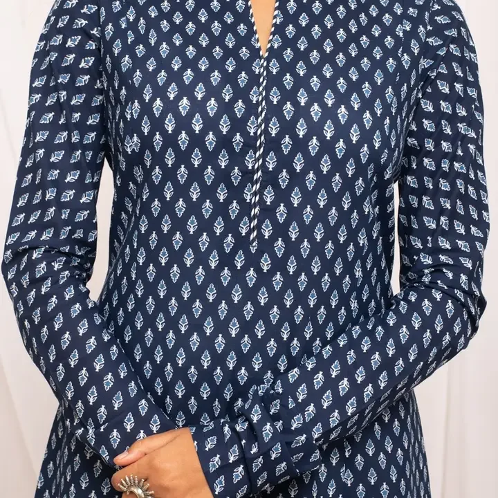 FIORRA Ethnic Motifs Printed Notched Neck Pure Cotton A-Line Kurta, Navy Blue