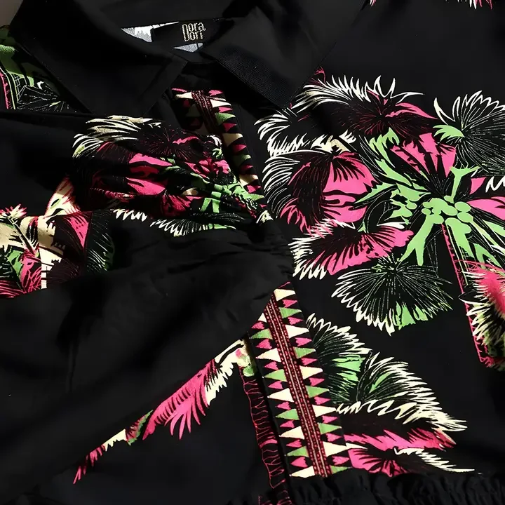 Dora Dori Relaxed Fit Floral Digital Printed Shirt Collar Kimono Top, Black