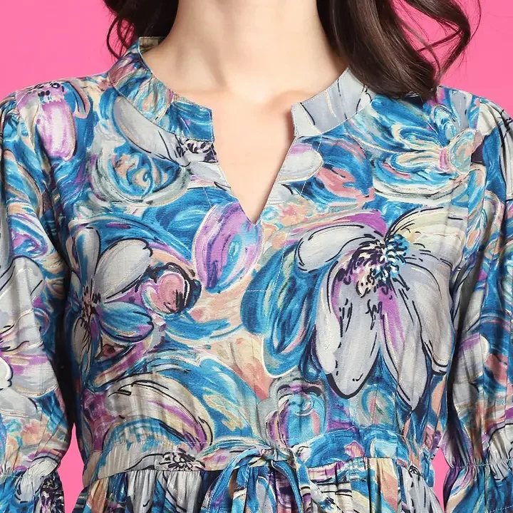 Claura Women Floral Print Mandarin Collar Short Sleeves Fit and Flare Chanderi Midi Dress, Blue
