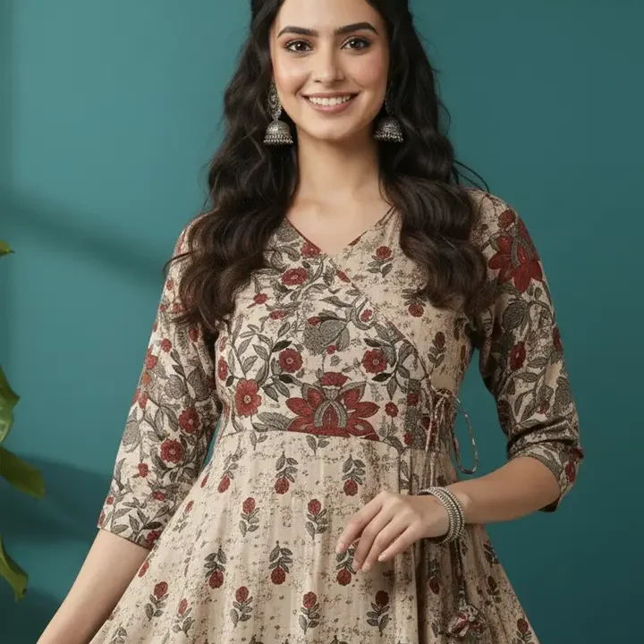 Sa Rasa Floral Printed Angrakha Anarkali Kurta, Brown