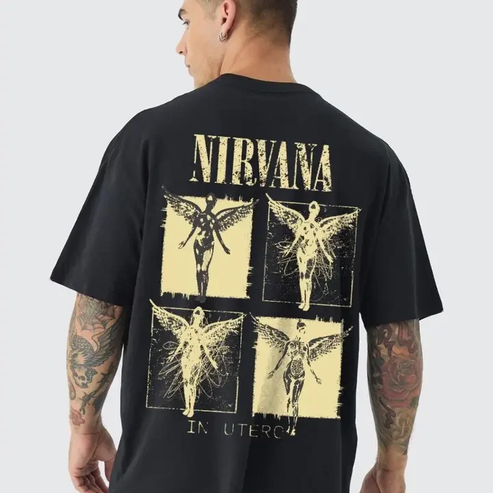 PRONK Men Nirvana Printed Oversized T-shirt, Black