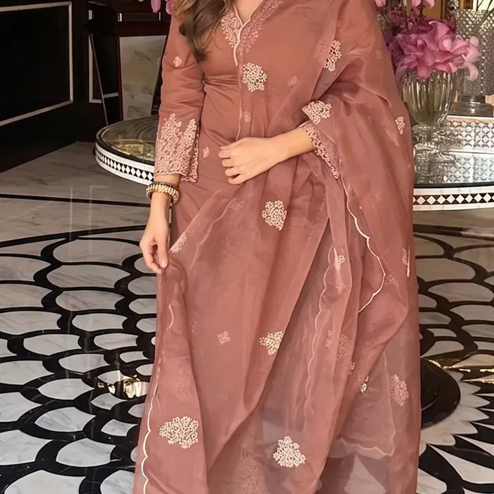 Royal Export Floral Embroidered Regular Thread Work Straight Kurta with Palazzos & Dupatta, Brown
