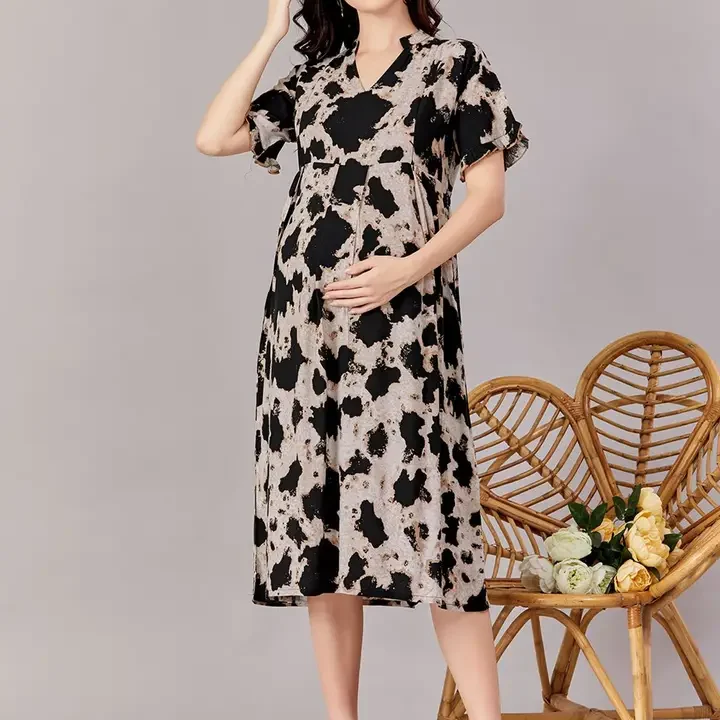 LOVELY MOM'S Women Floral Printed A-Line Maternity  Dress, Black