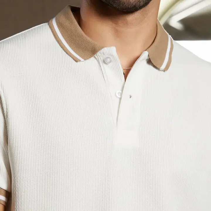 CAHOOT Men Self Design Polo Collar Cotton T-shirt, White
