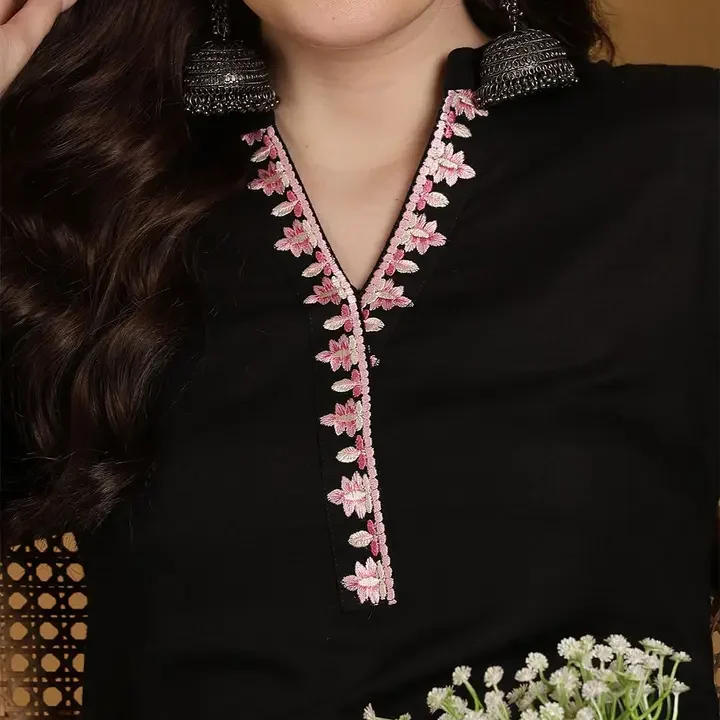 GULMOHAR JAIPUR Floral Embroidered Mandarin Collar Neck Kurta, Black