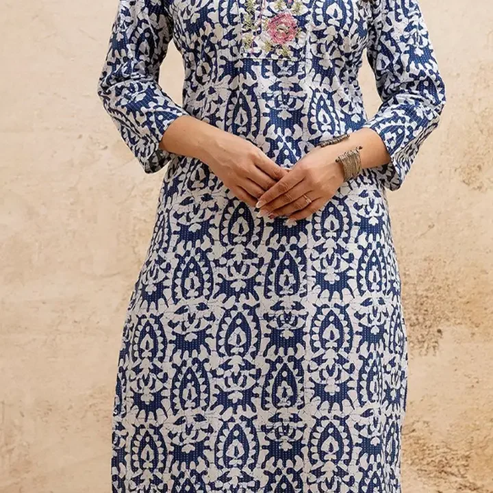 SURHI Floral Printed Thread Work V-Neck Straight Pure Cotton Kurta, White