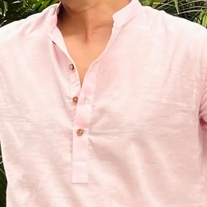 See Designs Pure Cotton Mandarin Collar Thread Work Short Kurta, Pink