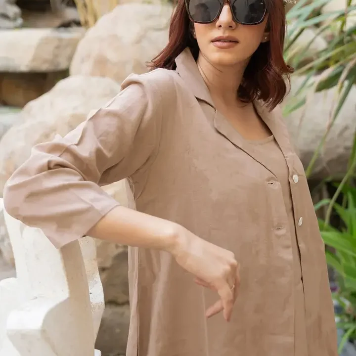 MIRCHI FASHION Women Three-Quarter Sleeves Shirt Collar A-Line Dress, Beige