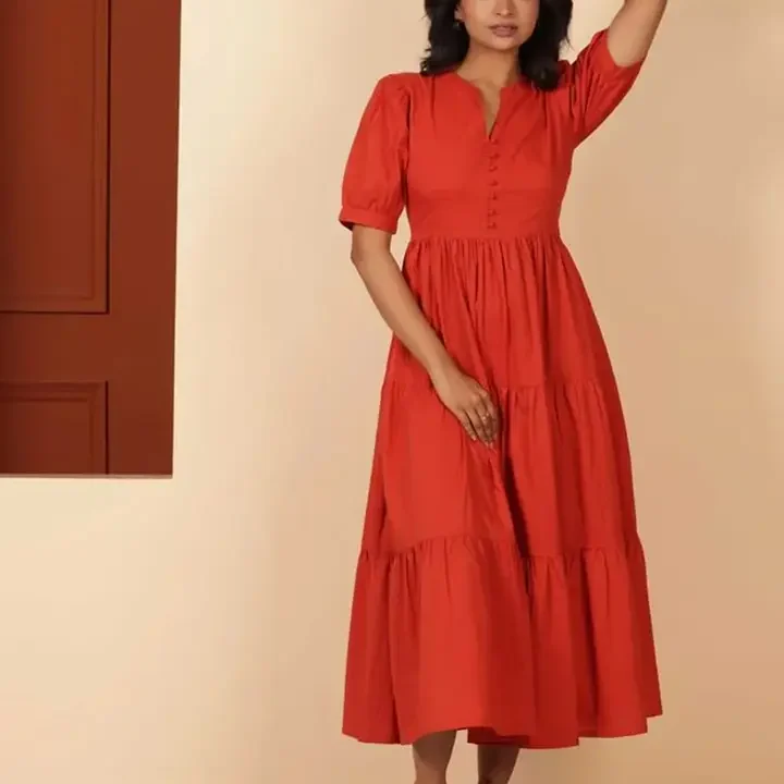 JAHIDA COMFORT WITH STYLE Women Solid Fit & Flare Midi Dress, Red