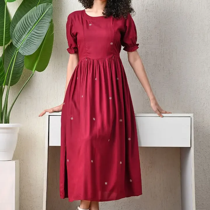 Ichaa Women Floral Embroidered Puff Sleeve Maternity Fit & Flare Midi Dress, Maroon