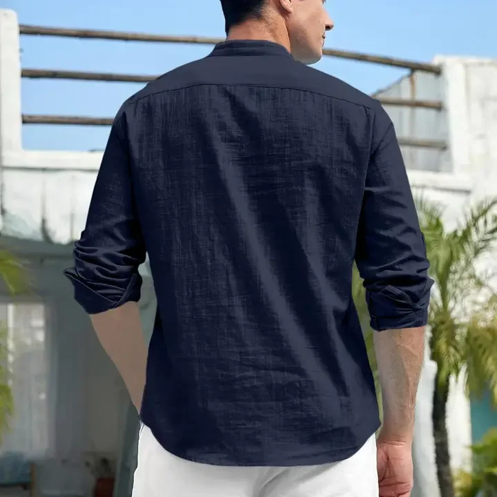 Fifth U Men Navy Blue Solid Cotton Blend Mandarin Collar Straight Kurta, Navy Blue