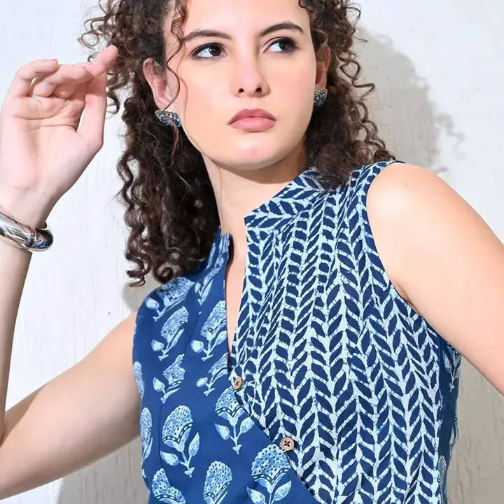 KALAMIR Neelam Floral Printed Mandarin Collar Cotton Vest Top, Blue