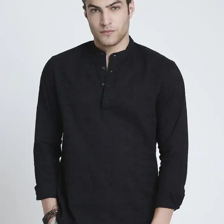 VASTRADO Classic Geometric Embroidered Thread Work Pure Cotton Kurta, Black