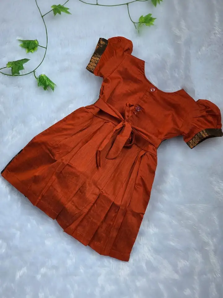 AMBA COLLECTION BOUTIQUE Girls Kalyani Cotton Puff Sleeves Ethnic Dresses, Orange
