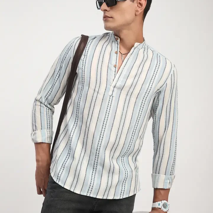 VASTRADO Men White Striped Fusion Cotton Straight Kurta, Off White