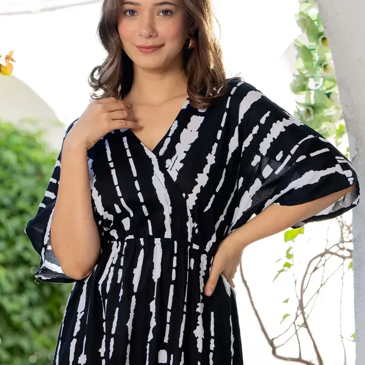 MANOJAVA Women's Tie and Dye Printed Liva Maxi Dress, Black