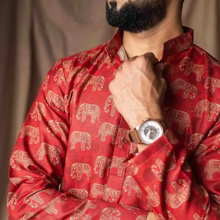 Rawayi Men Ethnic Motifs Printed Festive Linen Straight Kurta, Red
