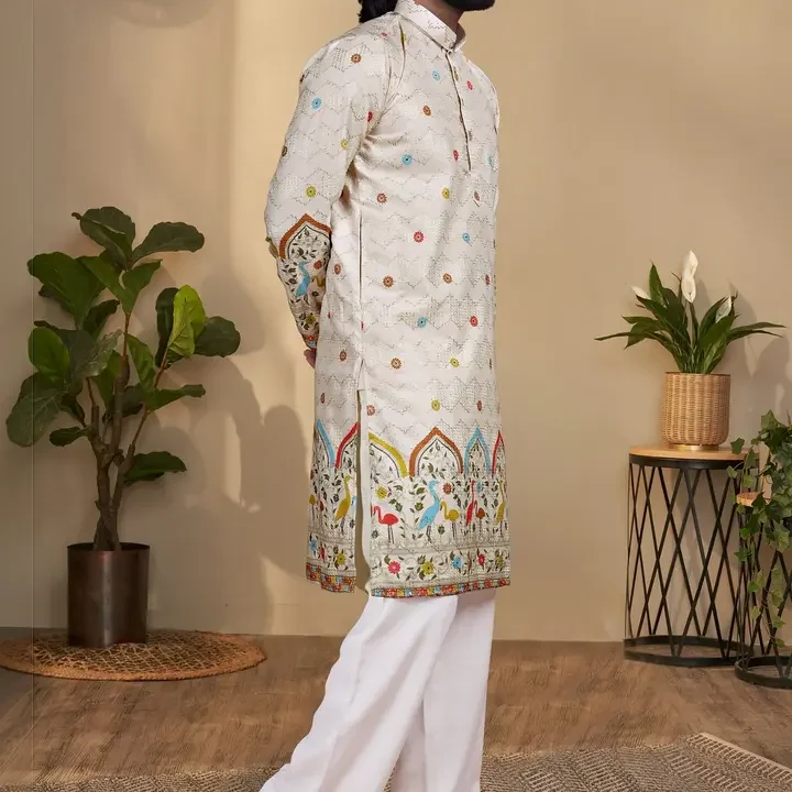 KURTA WALLAH Men Geometric Printed Thread Work Floral Kurta, Beige