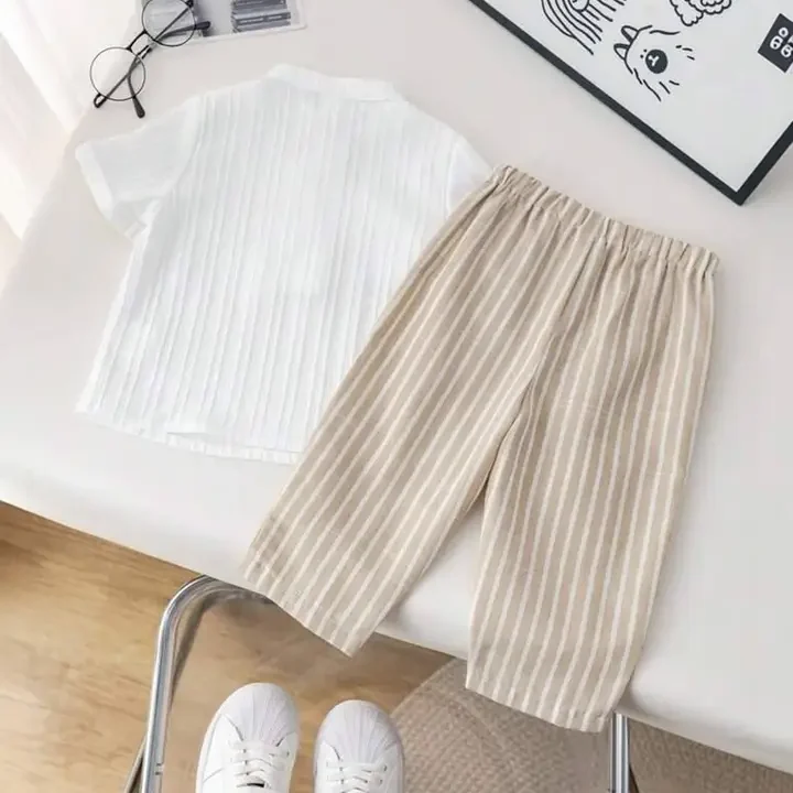 VISHVA Cotton blend Shirt & Trousers Co-Ords, White