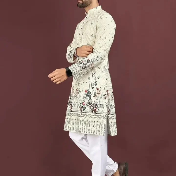 KURTA WALLAH Men Geometric Printed Thread Work Floral Kurta, Cream