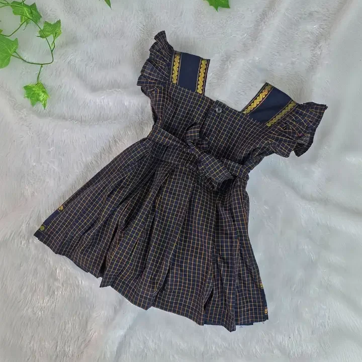 AMBA COLLECTION BOUTIQUE Girls Checked Square Neck Fit And Flare Ethnic Dresses, Navy Blue