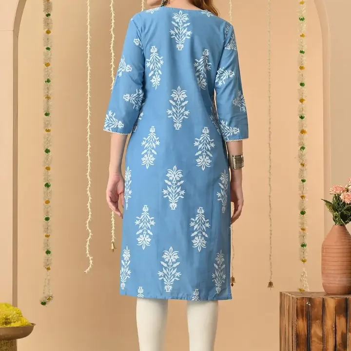 KJTRENDS Women Floral Printed Thread Work Floral Kurta, Blue