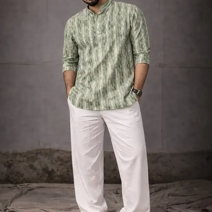 Rawayi Printed Mandarin Collar Kurta, Green
