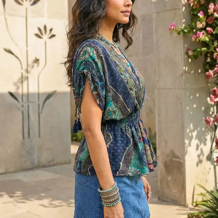 Boholyfe Print Extended Sleeves Bohemian Peplum Top, Navy Blue