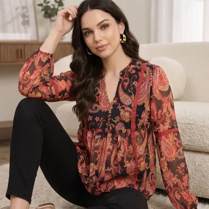 Azira Chiffon Ethnic Printed Peplum Top, Black