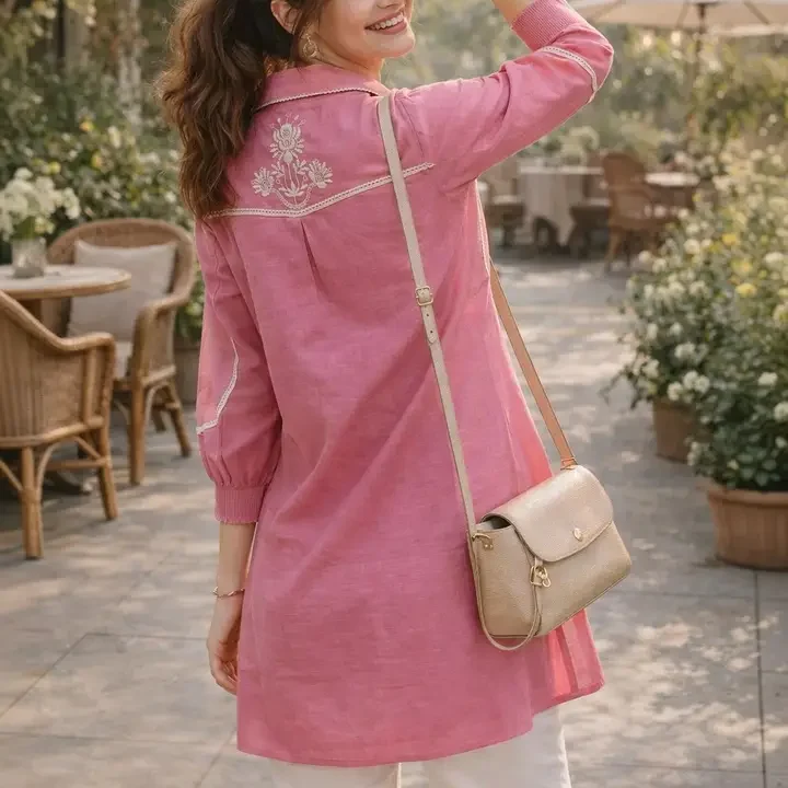 Nayam By Lakshita Puff Floral Embroidered Linen Shirt Collar Top, Pink