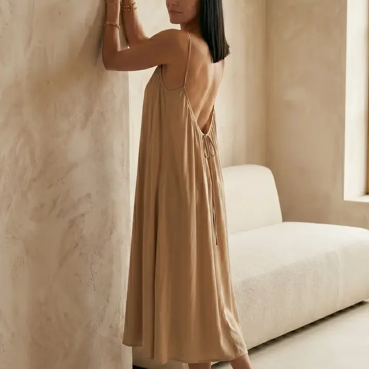 ALLORIA Linen Midi Dress, Beige