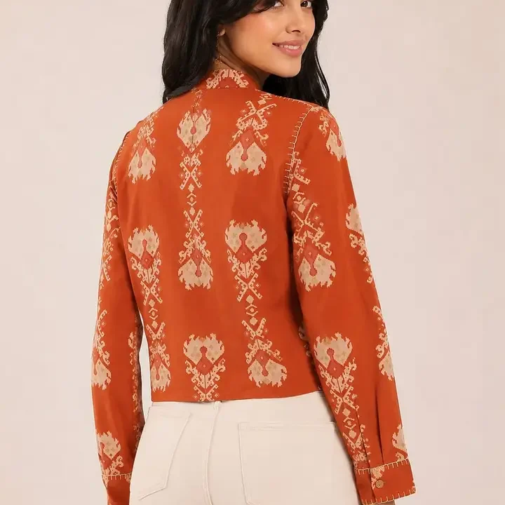 GULMEHAK Print Mandarin Collar Ethnic Cotton Top, Red