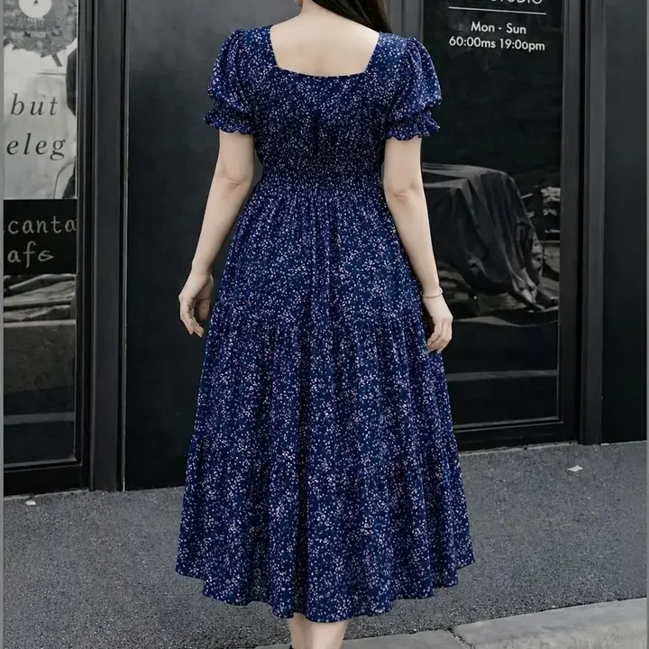 2013 USK COLLECTION Floral Print Puff Sleeve Crepe A-Line Midi Dress, Navy Blue