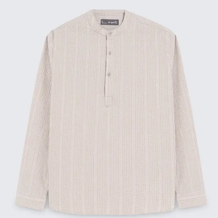 StitchX Men's Seersucker Band Collar Pure Cotton Striped Kurta Shirt, Beige