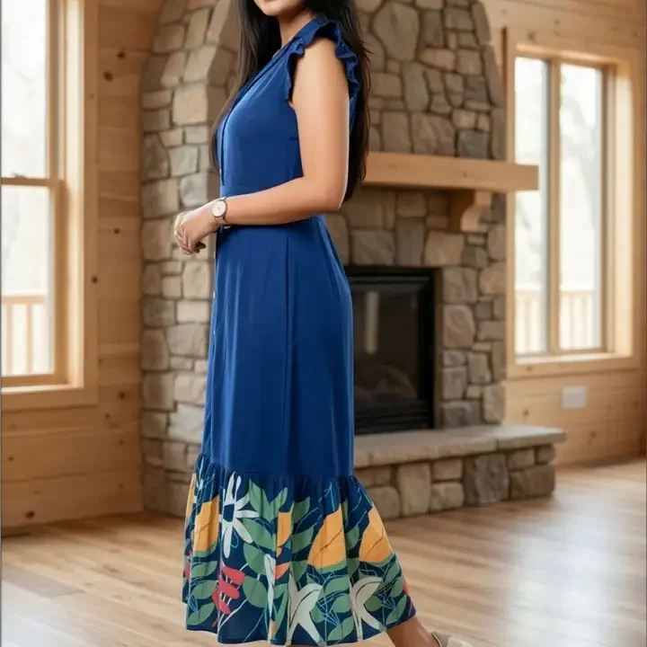 Ethniclook Tropical Colourblocked Flutter Sleeve Ruffled A-Line Midi Dress, Blue