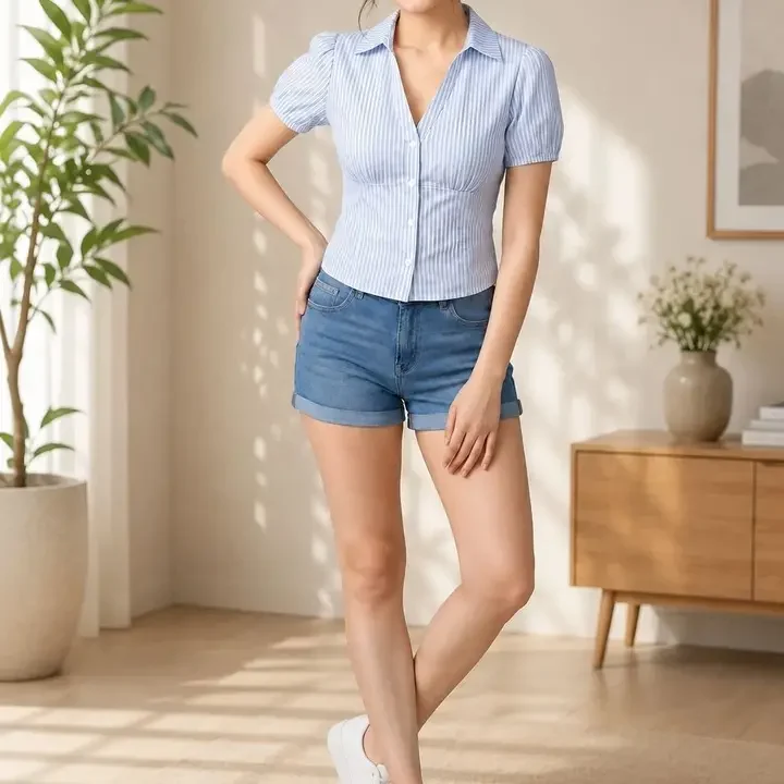 PTVIZE Striped Puff Sleeve Cotton Blend Shirt Style Top, Blue
