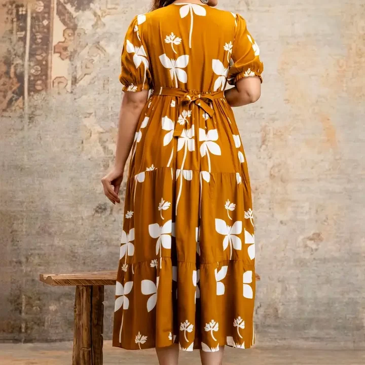 DEVEK Floral Print Puff Sleeve Maternity A-Line Midi Dress, Mustard