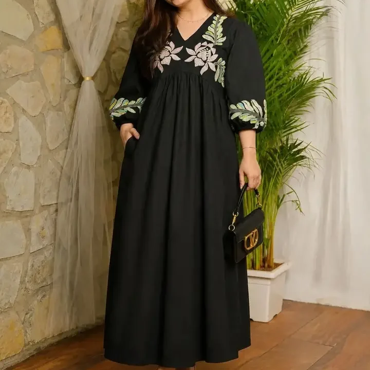 Attends Floral Embroidered Puff Sleeve A-Line Maxi Dress, Black