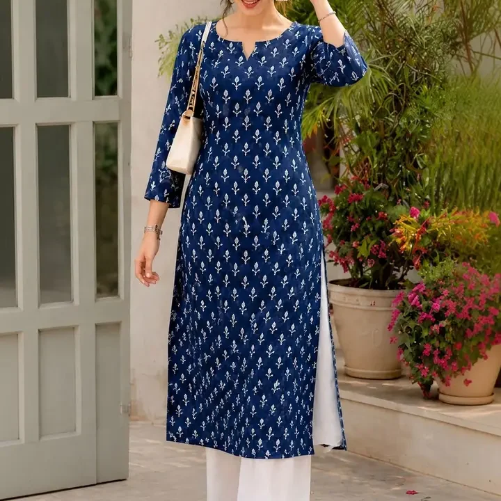 Fyunl Women Ethnic Motifs Printed Kurta, Navy Blue