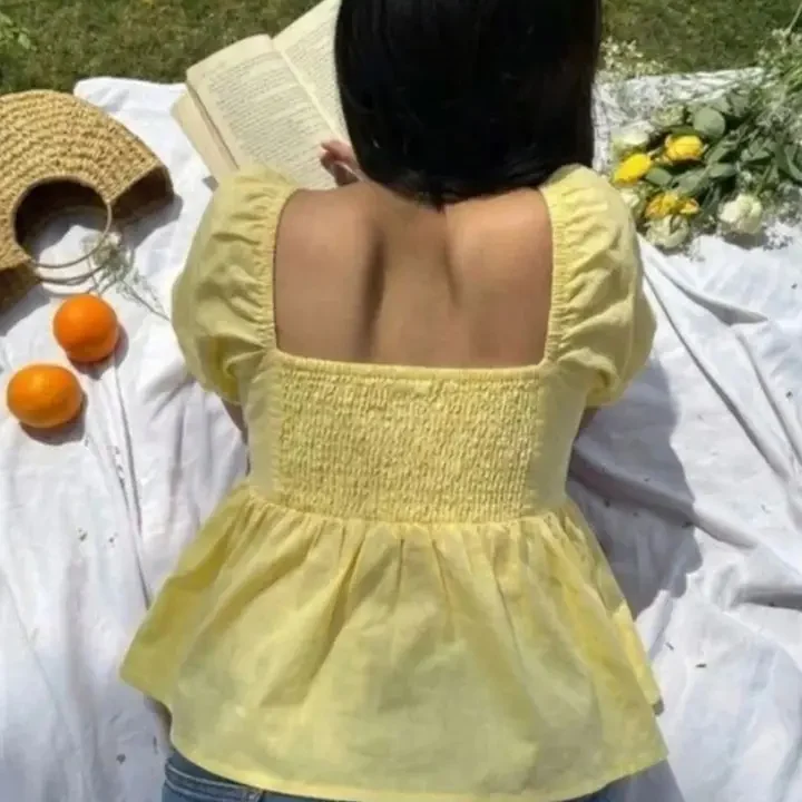 IQRAAR Puff Sleeve Smocked Cotton Peplum Top, Yellow