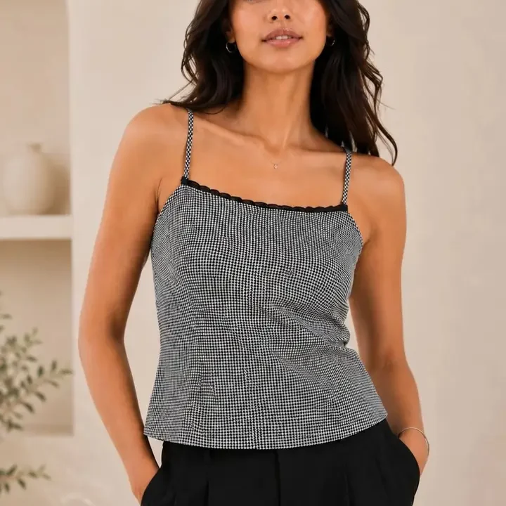 JUNE & HARRY Checked Cotton Top, Black