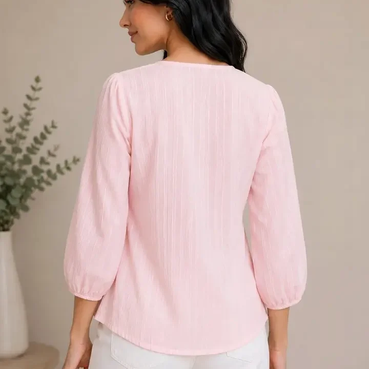 KATLINE Puff Sleeve Cotton Wrap Top, Pink