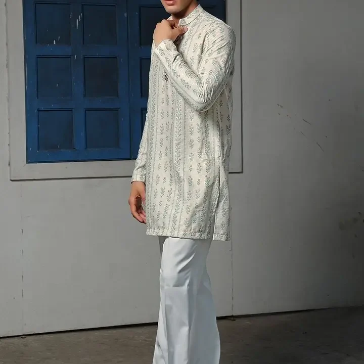 Varbandhan Men Printed Mirror Work Jacquard Kurta, White