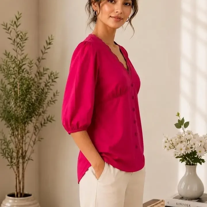 Anvi Fashion Puff Sleeve Ruffles Crepe Top, Pink