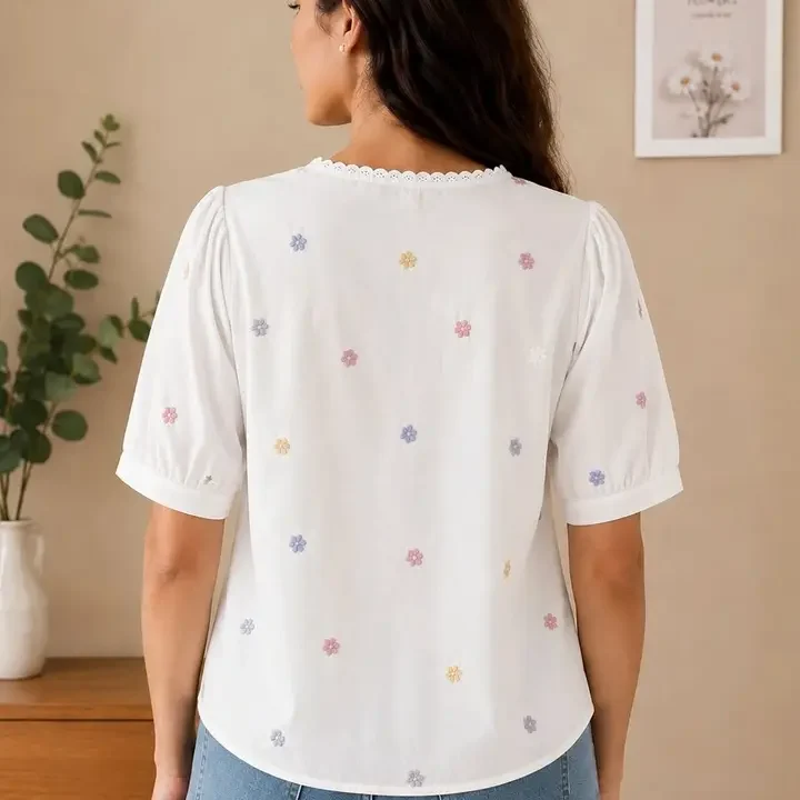 FABJOY Floral Embroidered Puff Sleeve Cotton Blend Top, White