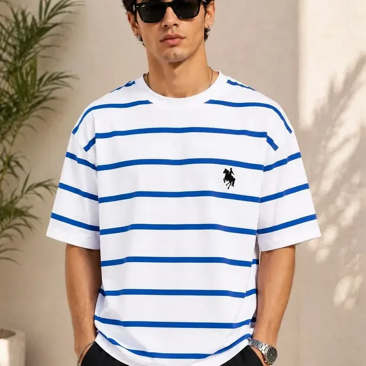 LAUREN ADAMS Men Relaxed Fit Striped Cotton T-shirt, White