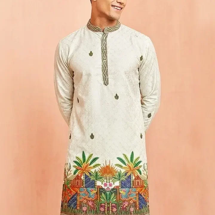 VELKYNOX Men Ethnic Motifs Embroidered Thread Work Kurta, Grey