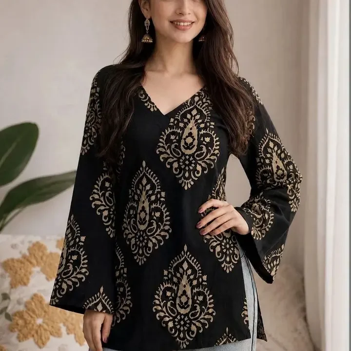 FANESHMA Print Flared Sleeve Ethnic Cotton Top, Black